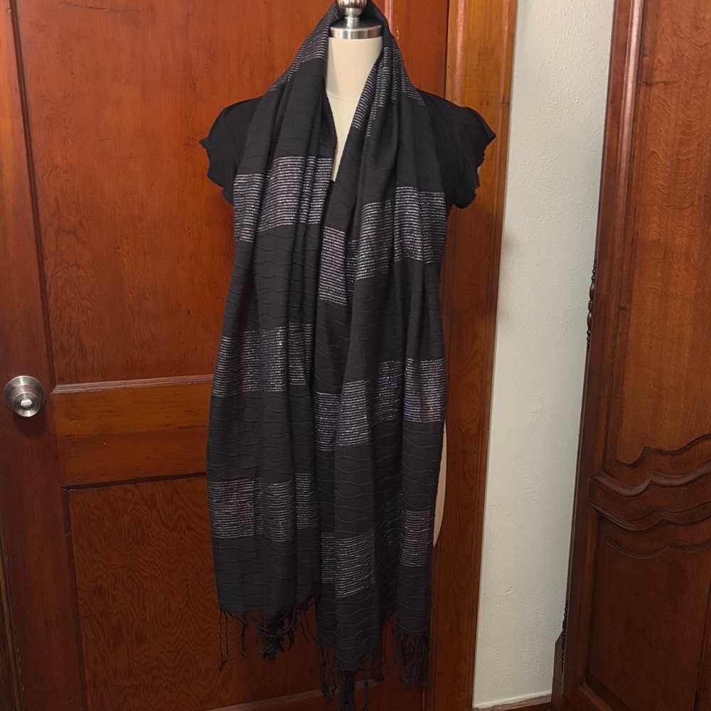 Black and Sparkly Silver Long Striped Scarf w/ Fringe Ends